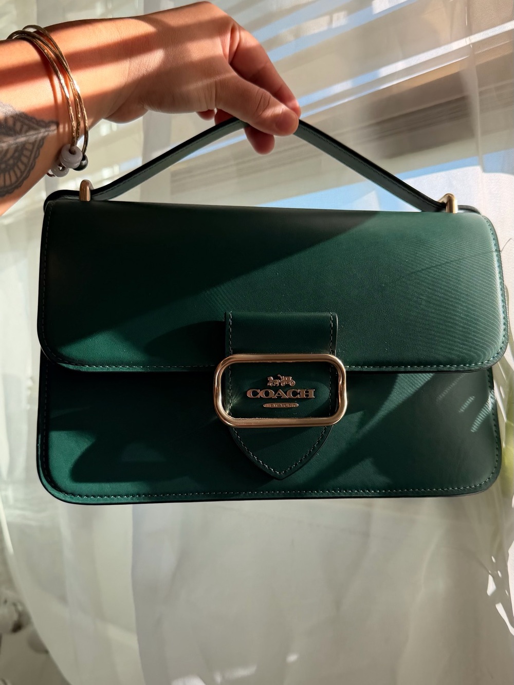 Coach Forest Green Leather Top-Handle Satchel with Gold Hardware